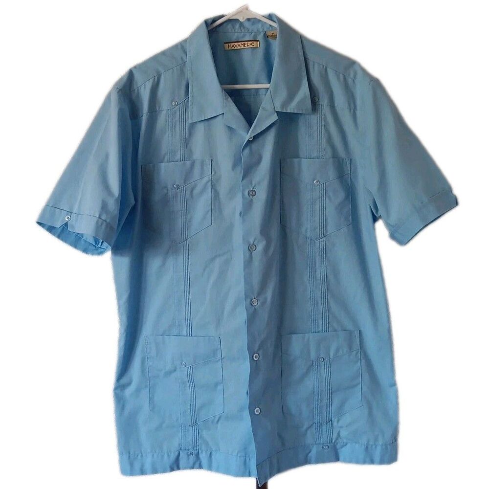 The Havanera Co Men's Guayabera Shirt Blue Pocket Detail Buttons Sz XL